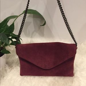 J Crew Burgundy suede envelope clutch.